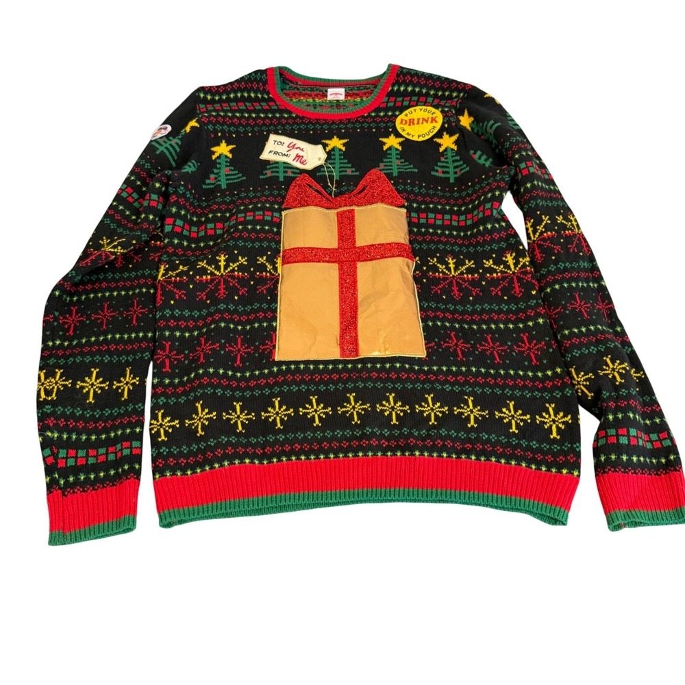 Holiday Time Mens Ugly Christmas Sweater Drink Pouch Fair Isle Black Large
